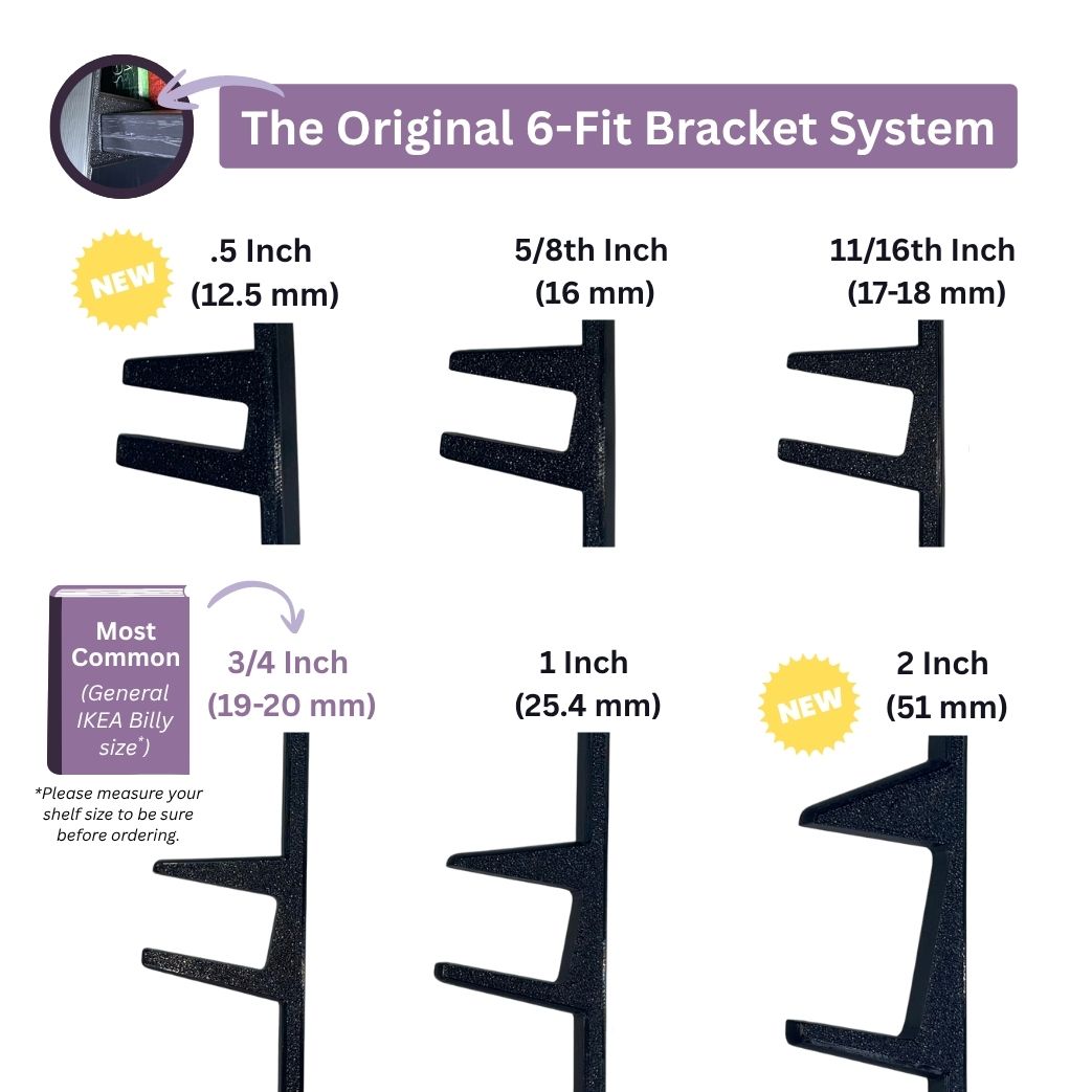 Curio Candy floating book display hanger official 6 shelf bracket grip size system guide for IKEA Billy and standard bookcases diagram.