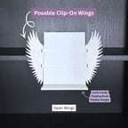 Curio Clip-On Angel Wings shown in the open position attached to a Curio Candy Floating Book Display Hanger mounted on a bookshelf.