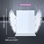 Product dimensions graphic showing Curio Clip-On Angel Wings at 190 mm height (7.5 in) and 65 mm width (2.56 in) attached to a Curio Candy Floating Book Display Hanger.