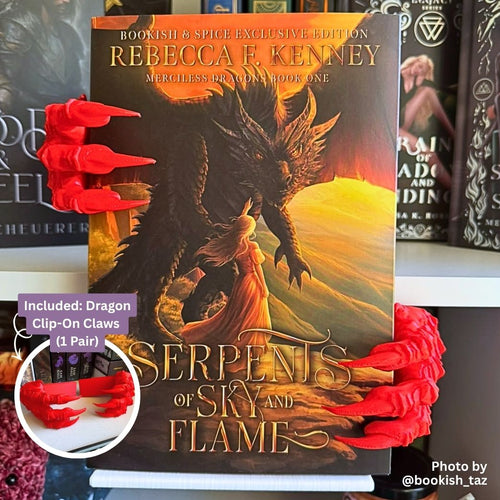 Red 3D printed Dragon Claws Curio Clip-Ons framing the fantasy book Serpents of Sky and Flame by Rebecca F. Kenney, clipped onto a Curio Candy Floating Book Display Hanger.