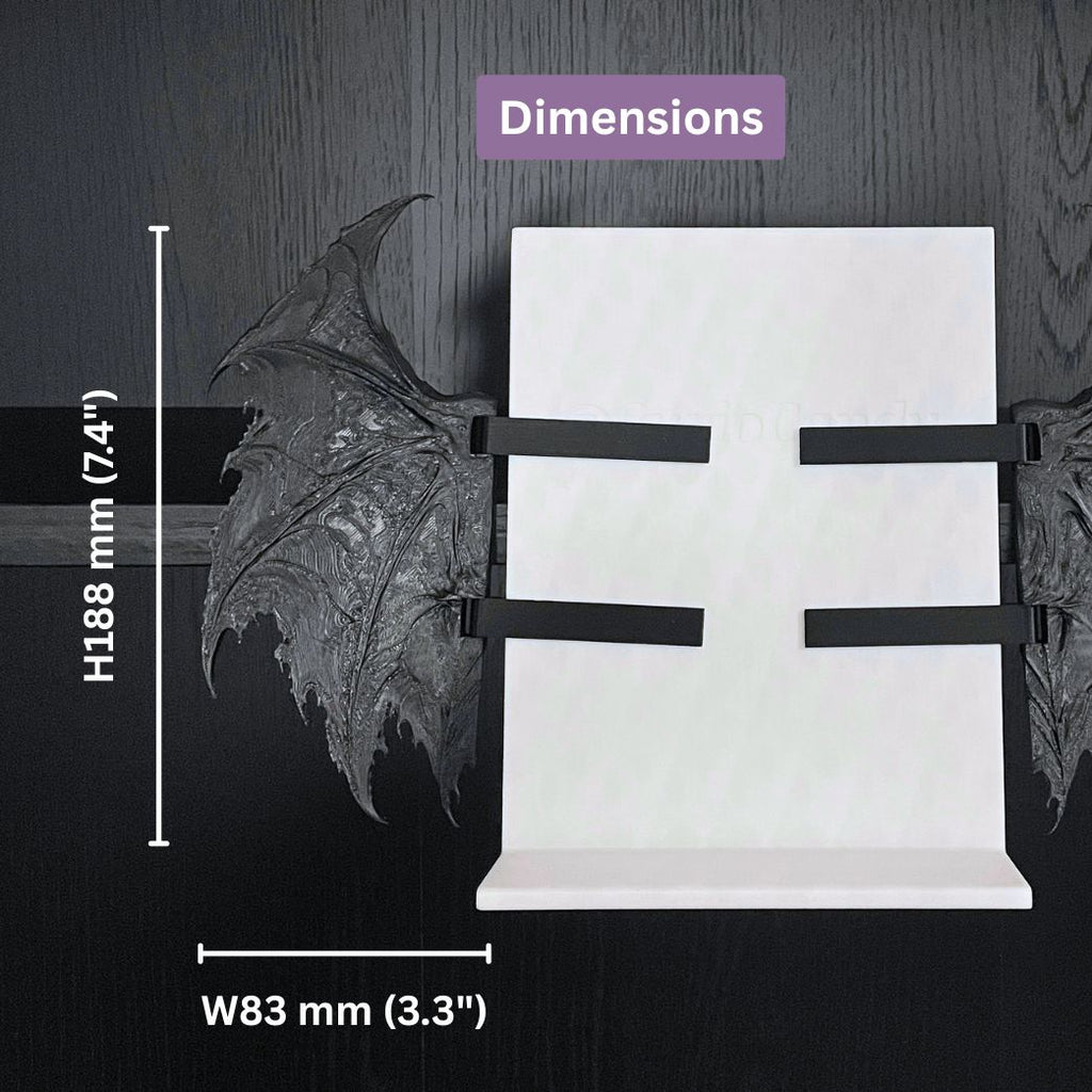 Dimension diagram for posable Curio Clip-On Gothic Demon Bat Wings showing height of 188mm and width of 83mm per wing on a Curio Candy Floating Book Display Hanger.