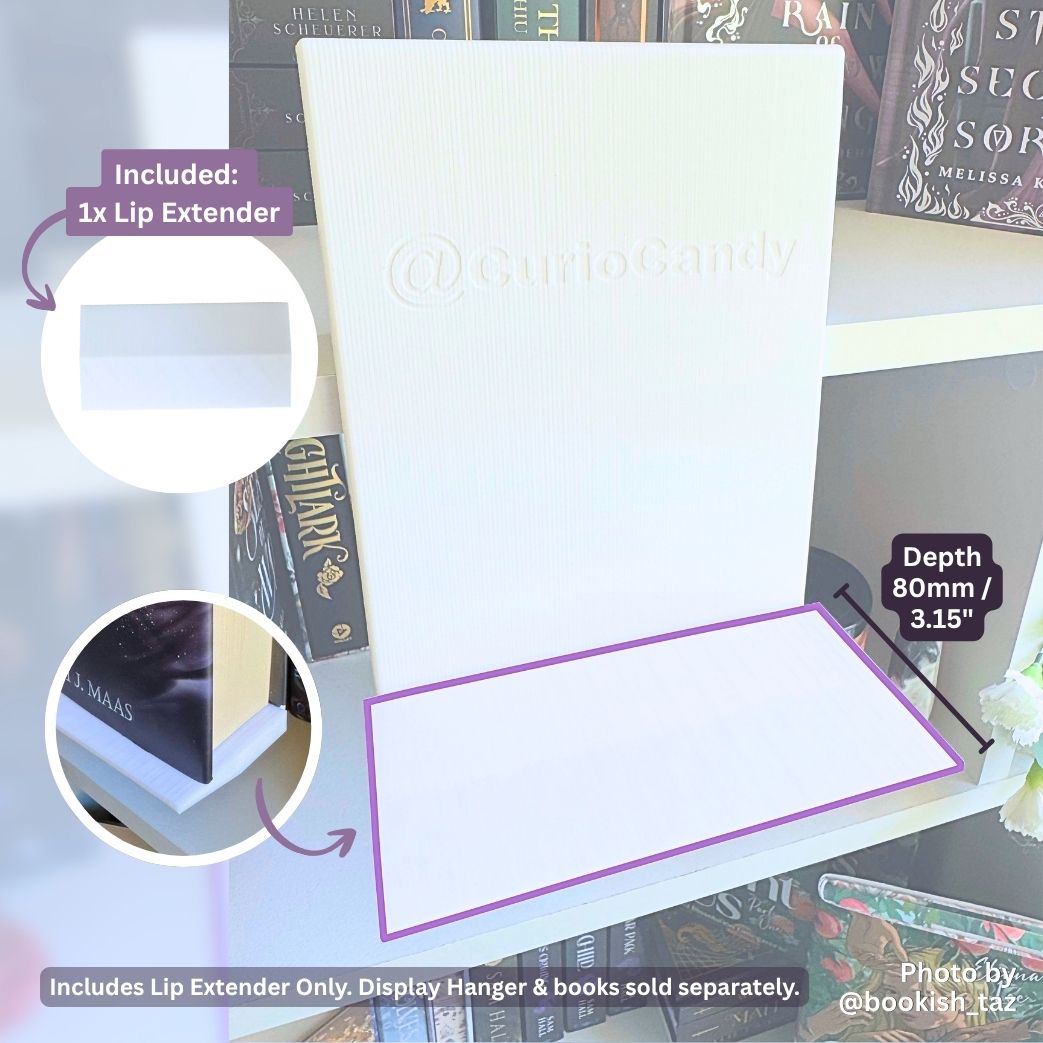 White 80mm (3.15") Deep Lip Extender accessory shown on an empty white Floating Book Display Hanger with purple dimension callout badges and inset graphics demonstrating product installation.