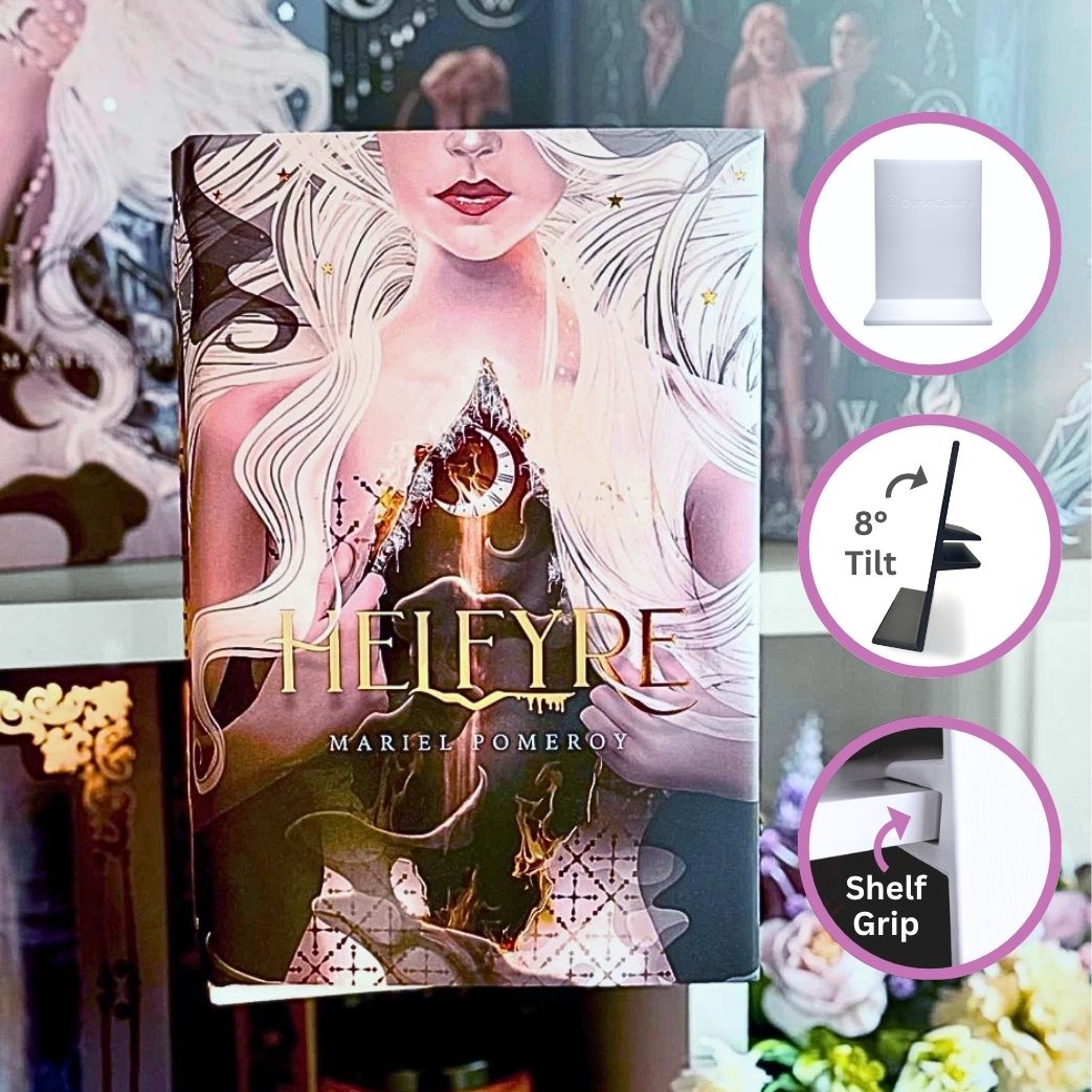 Curio Candy Original white floating book display hanger holding fantasy hardcover on white IKEA Billy shelf with 8 degree tilt and grip mount.