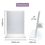 Curio Candy official floating book display hanger dimension specifications diagram showing 198mm height, 150mm width, and 8 degree tilt.