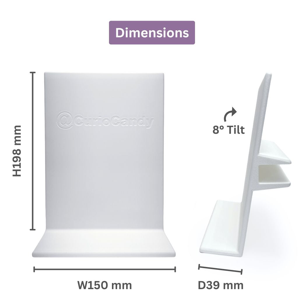 Curio Candy official floating book display hanger dimension specifications diagram showing 198mm height, 150mm width, and 8 degree tilt.