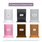 Curio Candy official 3D printed floating book display hanger 6 color options chart including white, black, marble, pink, brown, tan.